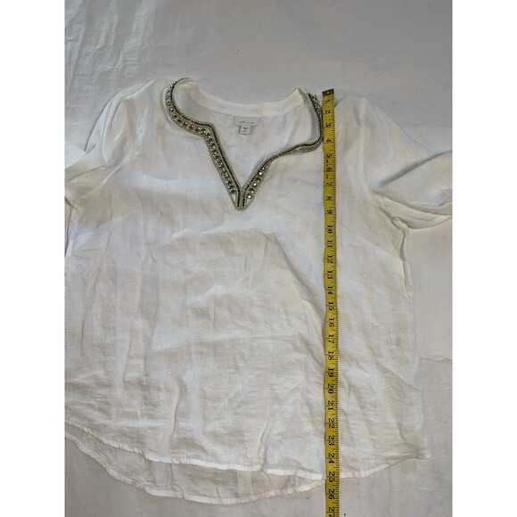 J Jill Love Linen Shirt Womans LP White Linen Tunic Blouse Gold Bead Applique - Picture 7 of 7